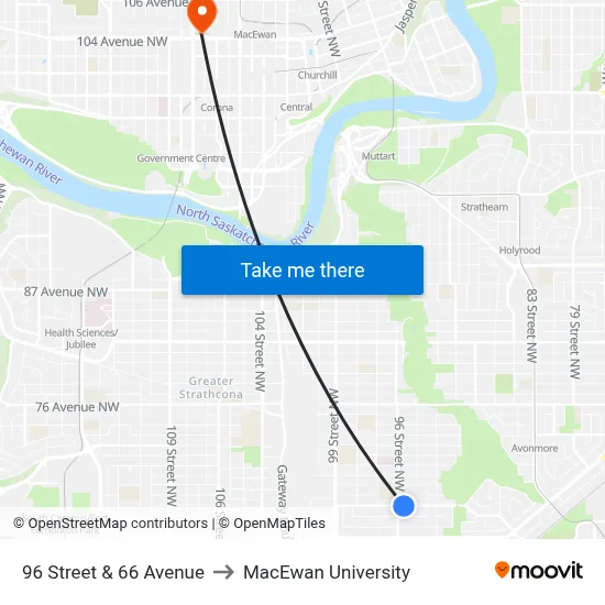96 Street & 66 Avenue to MacEwan University map