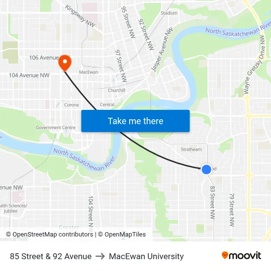 85 Street & 92 Avenue to MacEwan University map