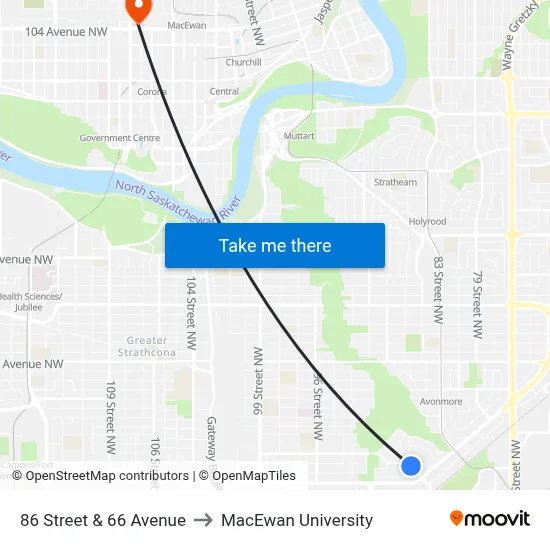 86 Street & 66 Avenue to MacEwan University map