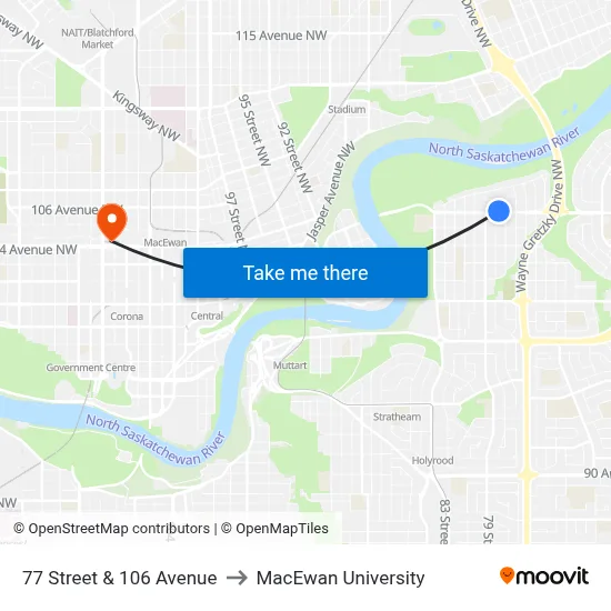 77 Street & 106 Avenue to MacEwan University map