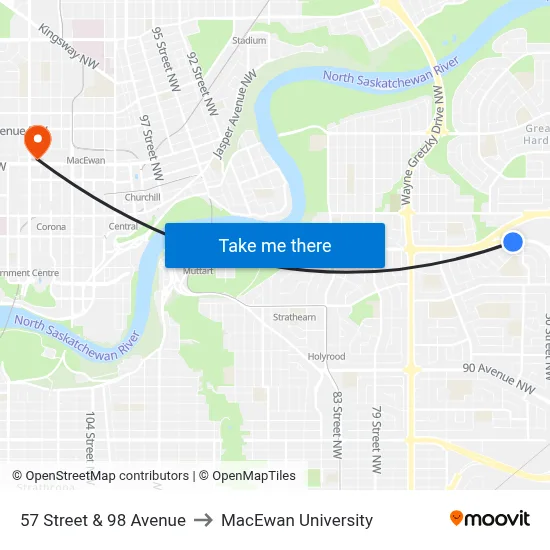 57 Street & 98 Avenue to MacEwan University map