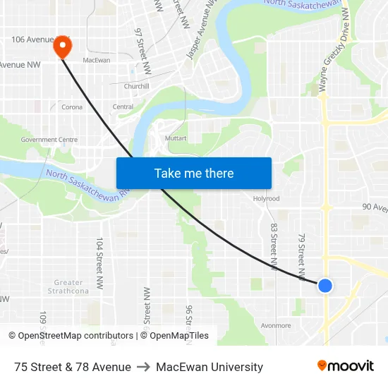 75 Street & 78 Avenue to MacEwan University map
