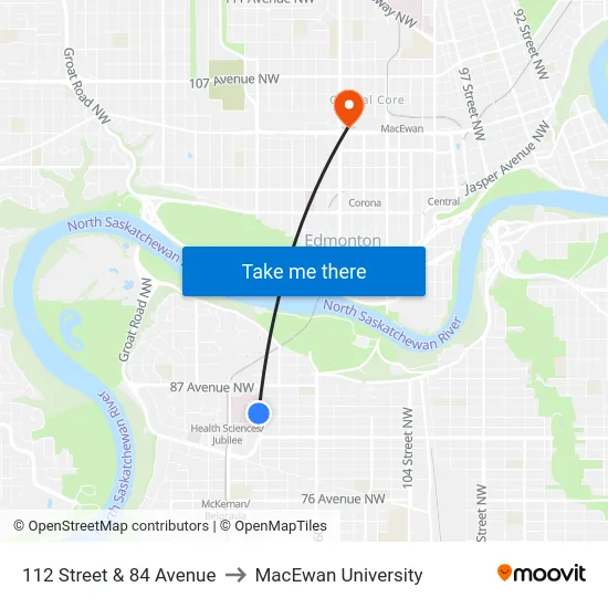 112 Street & 84 Avenue to MacEwan University map