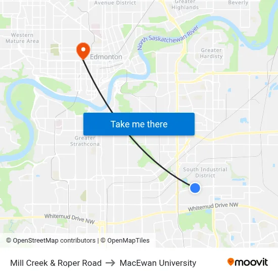 Mill Creek & Roper Road to MacEwan University map
