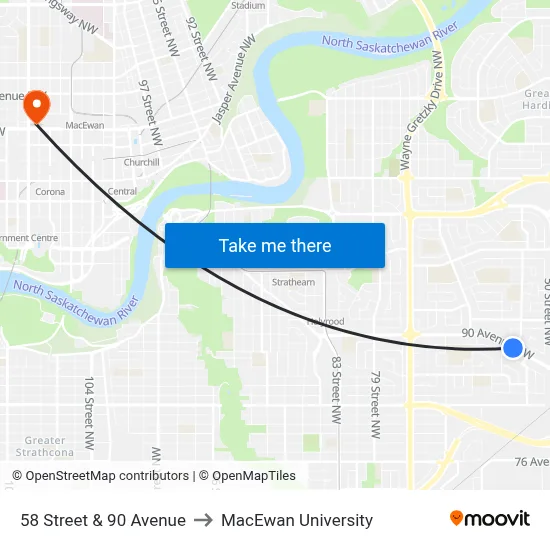58 Street & 90 Avenue to MacEwan University map