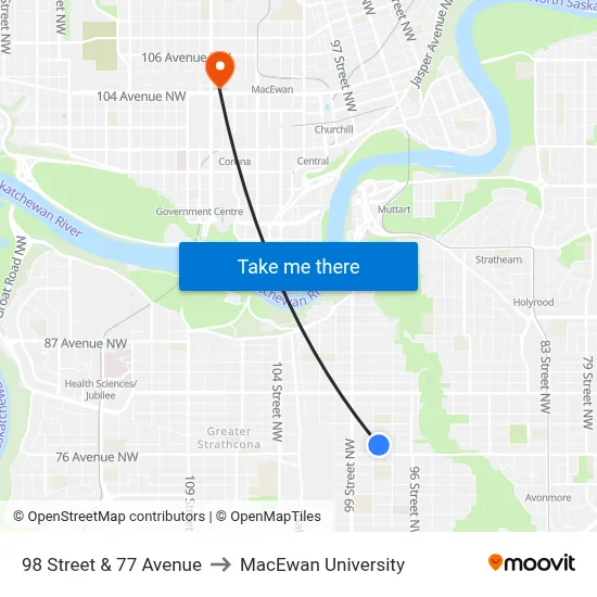 98 Street & 77 Avenue to MacEwan University map
