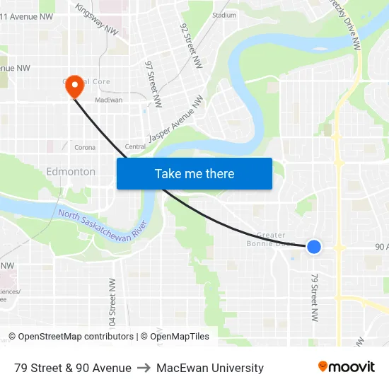 79 Street & 90 Avenue to MacEwan University map