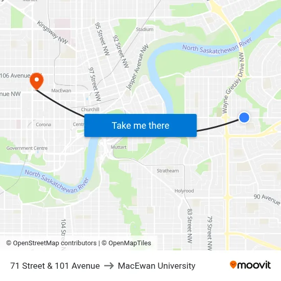 71 Street & 101 Avenue to MacEwan University map