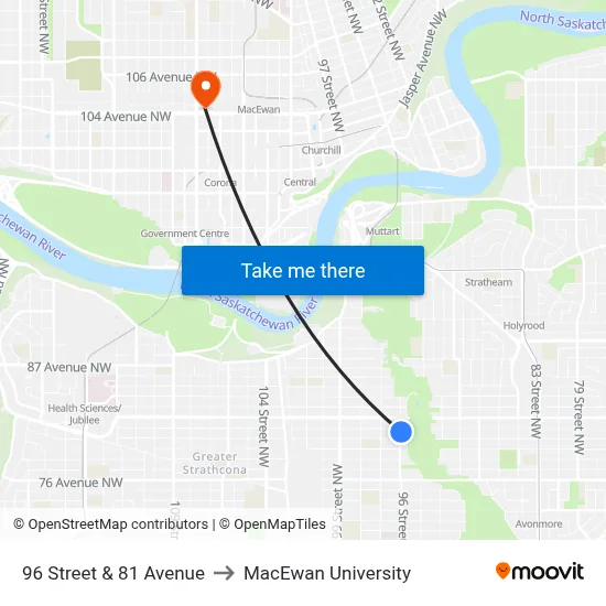 96 Street & 81 Avenue to MacEwan University map