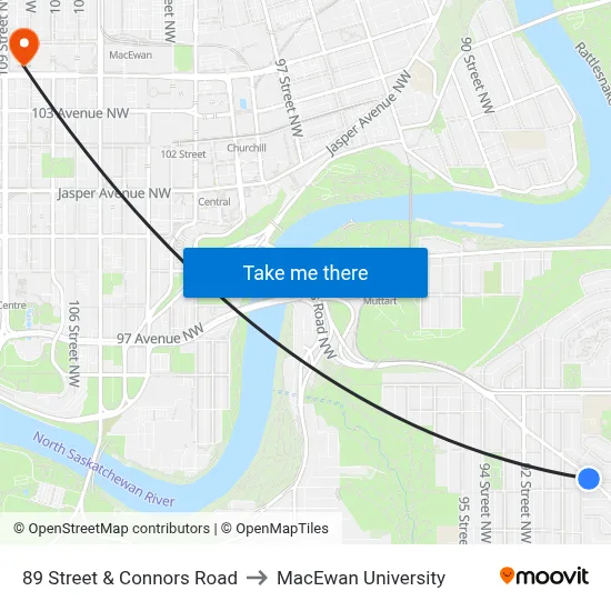 89 Street & Connors Road to MacEwan University map