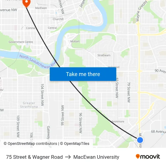 75 Street & Wagner Road to MacEwan University map