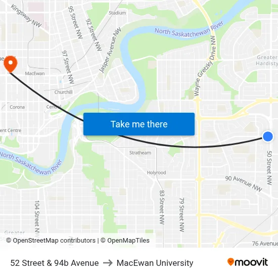 52 Street & 94b Avenue to MacEwan University map