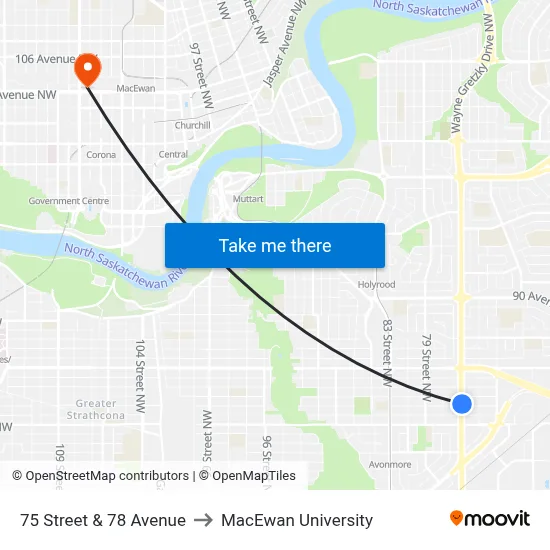 75 Street & 78 Avenue to MacEwan University map