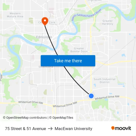 75 Street & 51 Avenue to MacEwan University map
