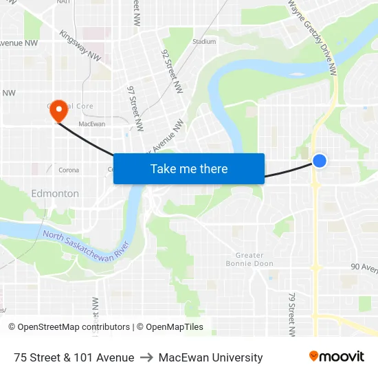 75 Street & 101 Avenue to MacEwan University map