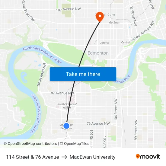 114 Street & 76 Avenue to MacEwan University map