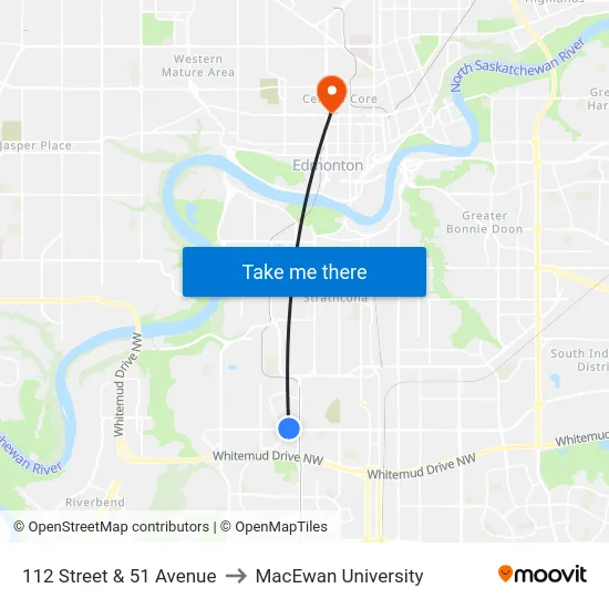 112 Street & 51 Avenue to MacEwan University map