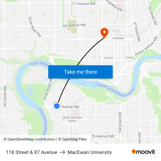 118 Street & 87 Avenue to MacEwan University map