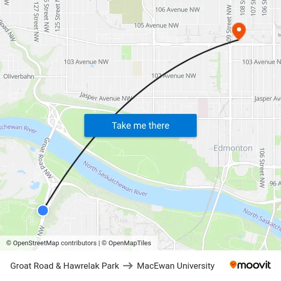 Groat Road & Hawrelak Park to MacEwan University map