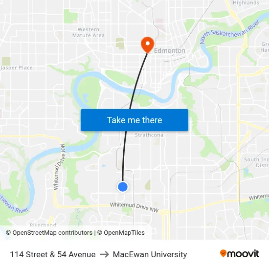 114 Street & 54 Avenue to MacEwan University map