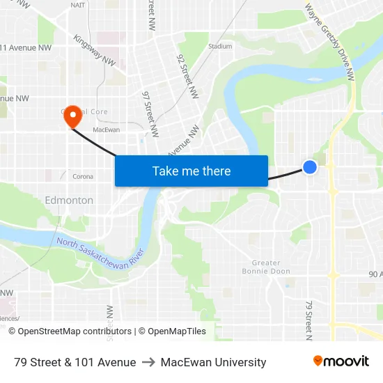 79 Street & 101 Avenue to MacEwan University map