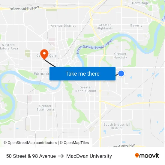50 Street & 98 Avenue to MacEwan University map