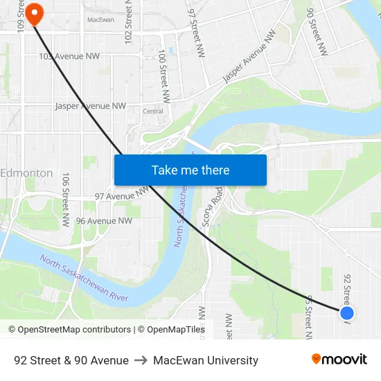 92 Street & 90 Avenue to MacEwan University map