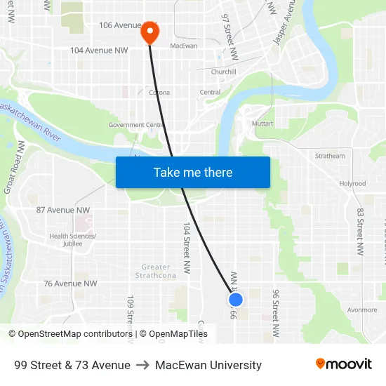 99 Street & 73 Avenue to MacEwan University map