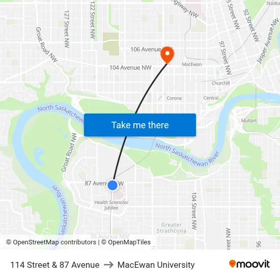 114 Street & 87 Avenue to MacEwan University map