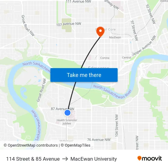 114 Street & 85 Avenue to MacEwan University map
