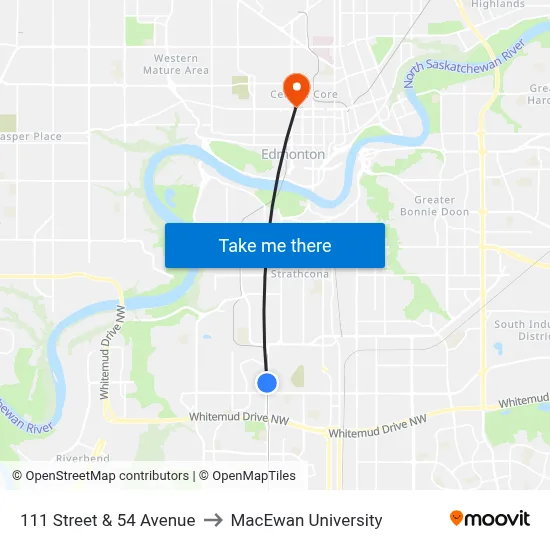111 Street & 54 Avenue to MacEwan University map