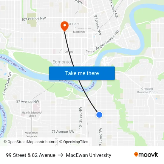 99 Street & 82 Avenue to MacEwan University map