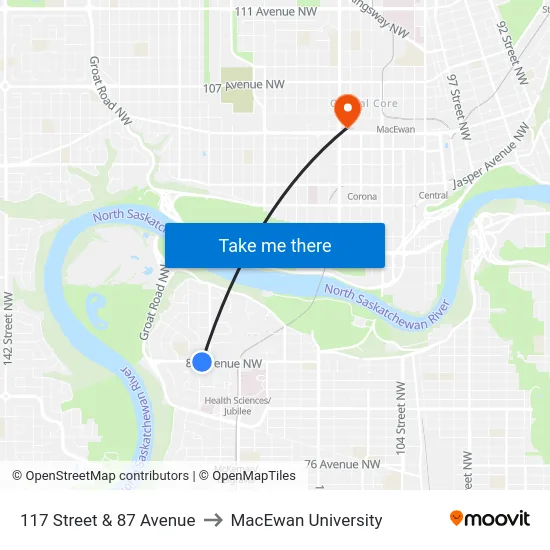 117 Street & 87 Avenue to MacEwan University map