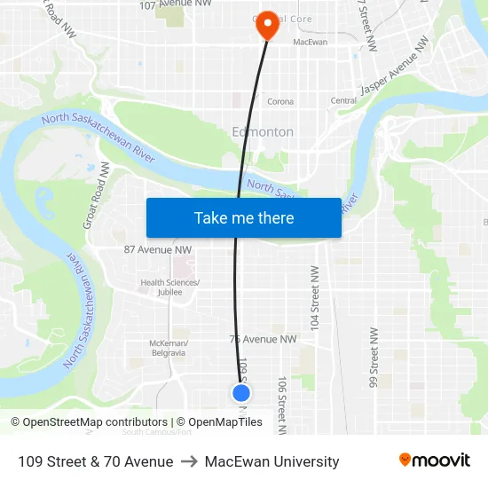 109 Street & 70 Avenue to MacEwan University map