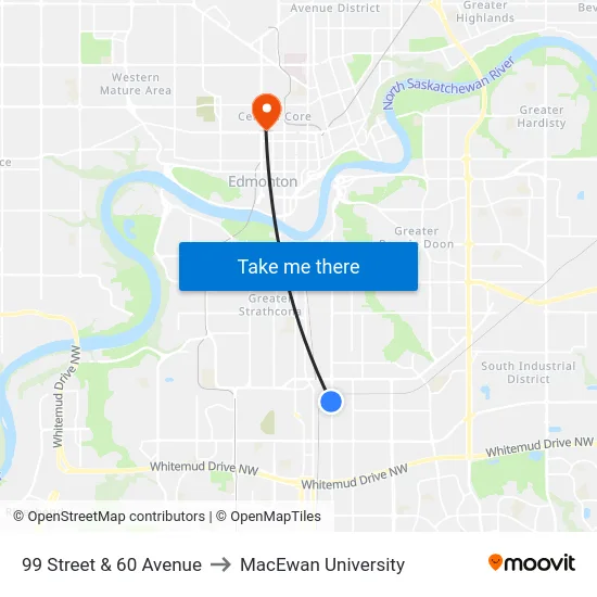 99 Street & 60 Avenue to MacEwan University map