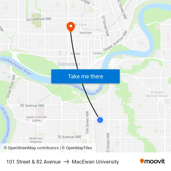 101 Street & 82 Avenue to MacEwan University map