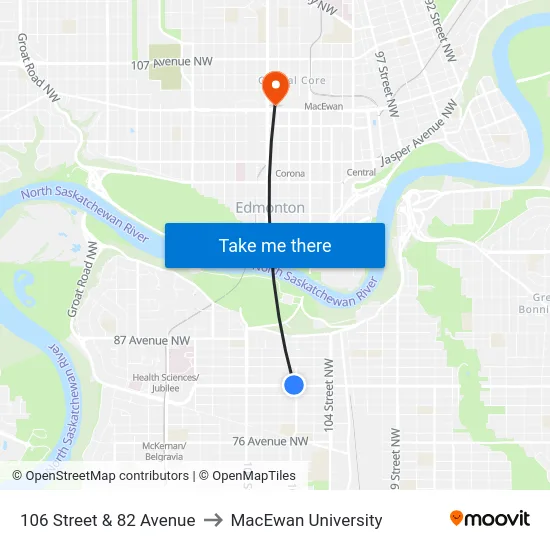 106 Street & 82 Avenue to MacEwan University map