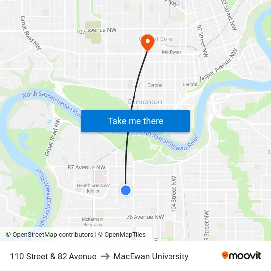 110 Street & 82 Avenue to MacEwan University map