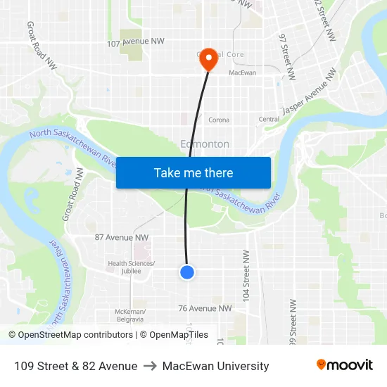 109 Street & 82 Avenue to MacEwan University map
