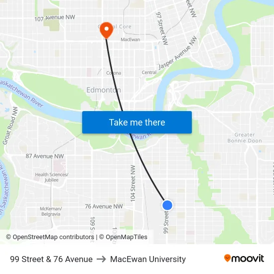 99 Street & 76 Avenue to MacEwan University map