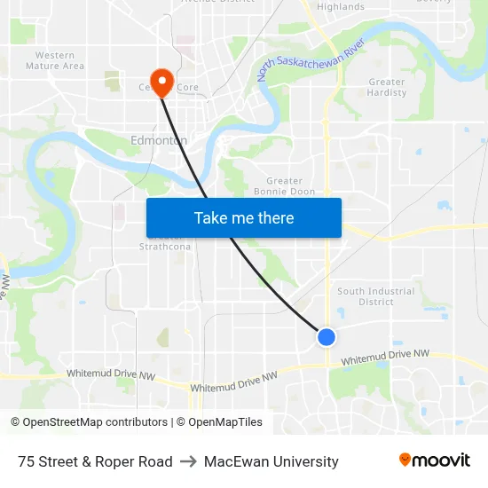 75 Street & Roper Road to MacEwan University map