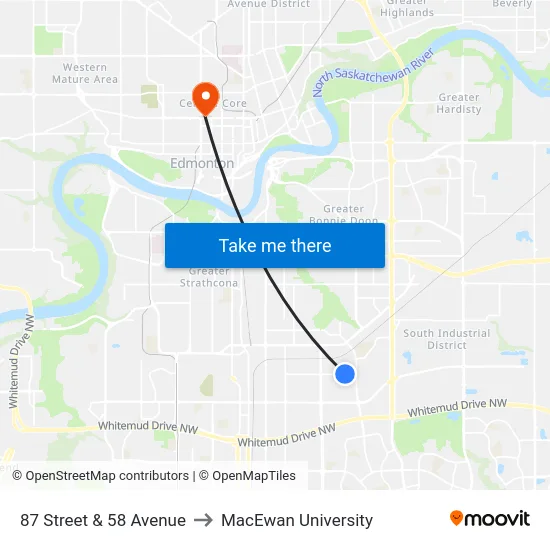 87 Street & 58 Avenue to MacEwan University map