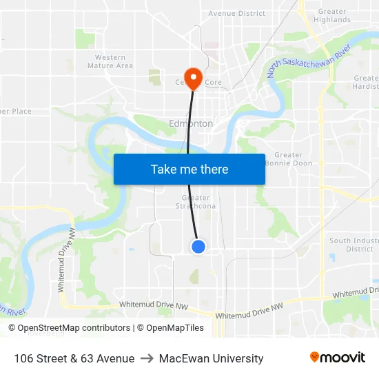 106 Street & 63 Avenue to MacEwan University map