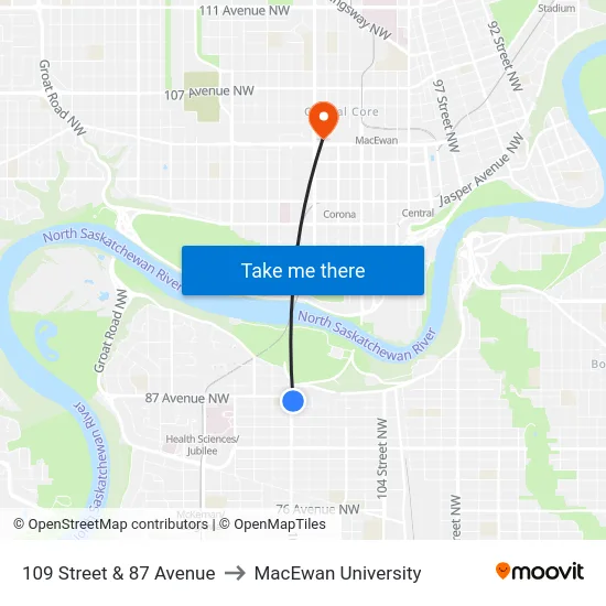 109 Street & 87 Avenue to MacEwan University map