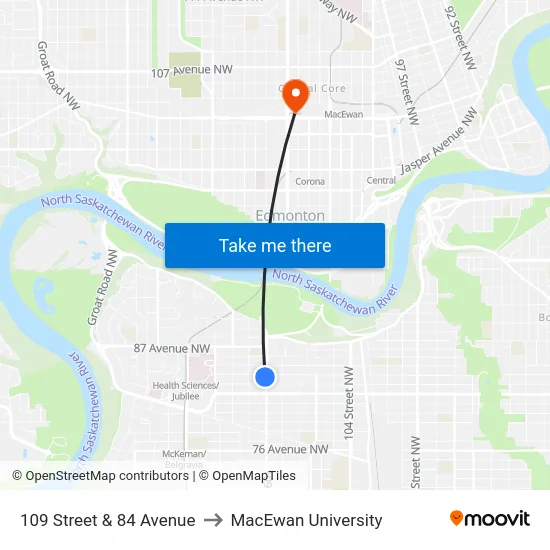 109 Street & 84 Avenue to MacEwan University map