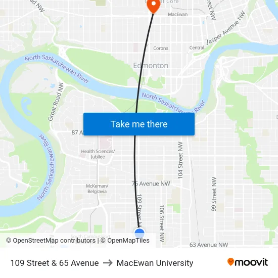 109 Street & 65 Avenue to MacEwan University map