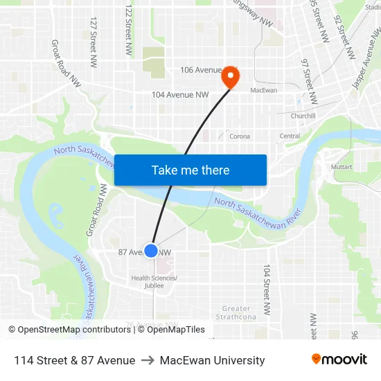 114 Street & 87 Avenue to MacEwan University map