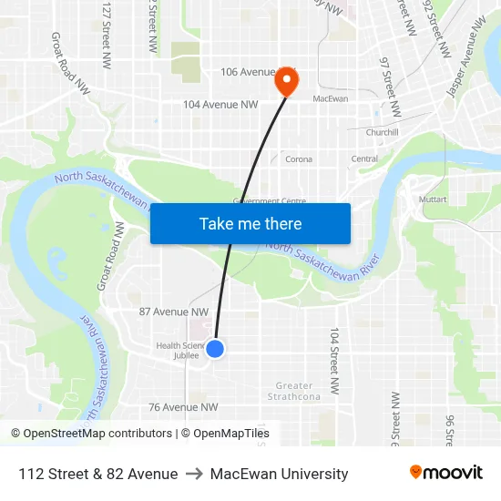 112 Street & 82 Avenue to MacEwan University map