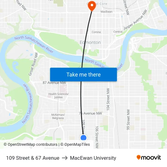 109 Street & 67 Avenue to MacEwan University map