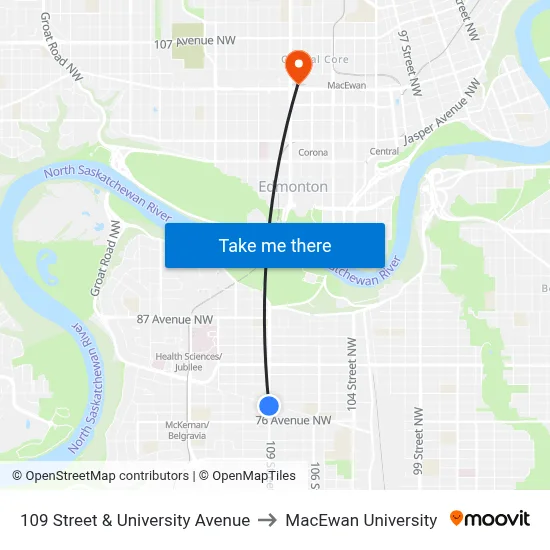109 Street & University Avenue to MacEwan University map